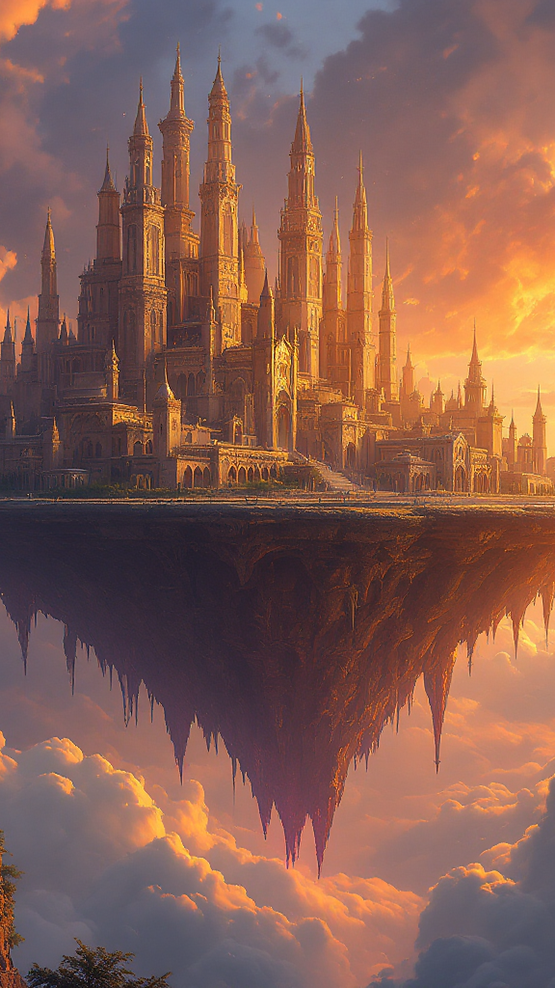 Majestic floating sky city suspended among sunset clouds, am…