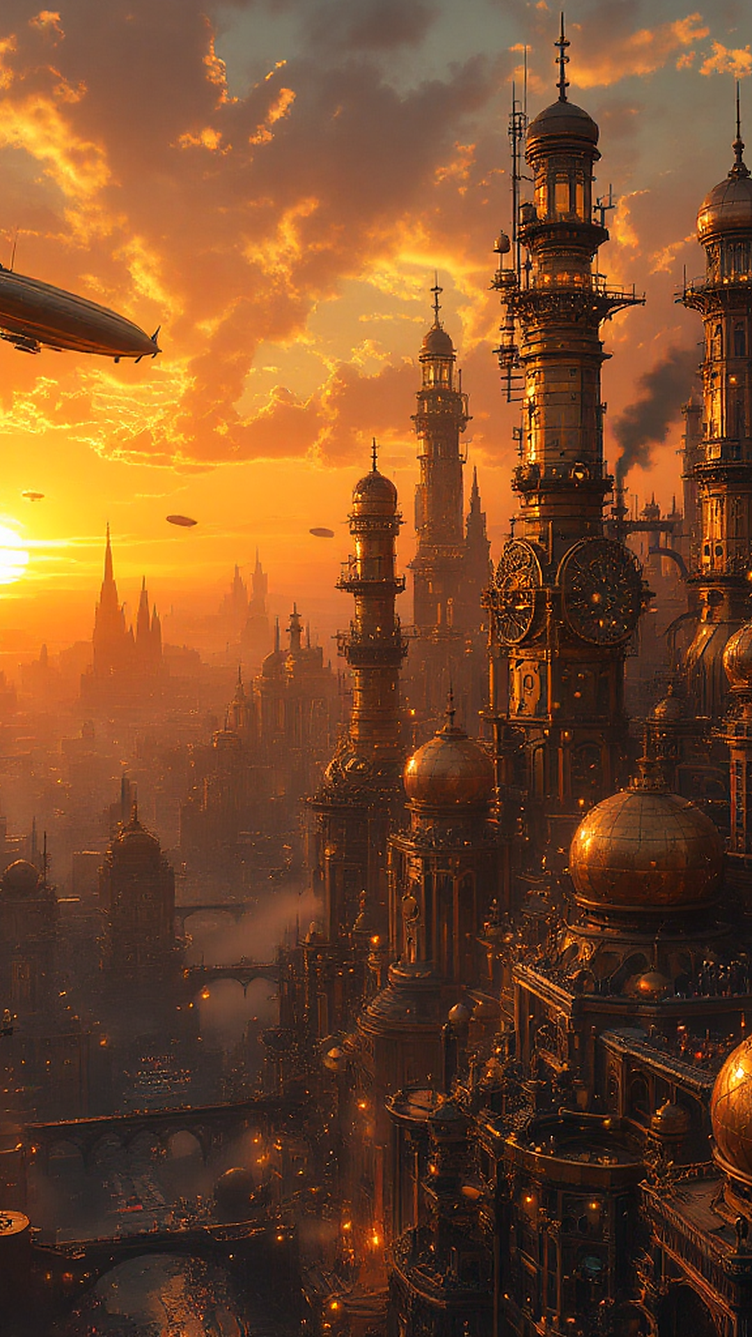 Steampunk metropolis at golden hour, copper and brass towers…
