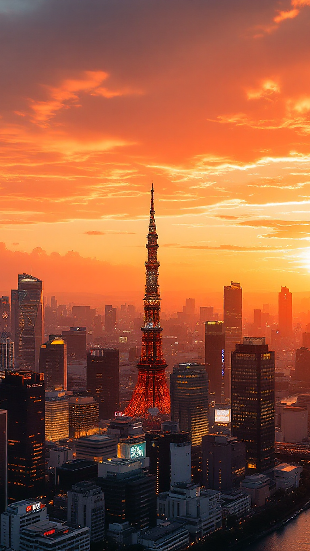 Tokyo skyline bathed in golden sunset light, orange and pink…