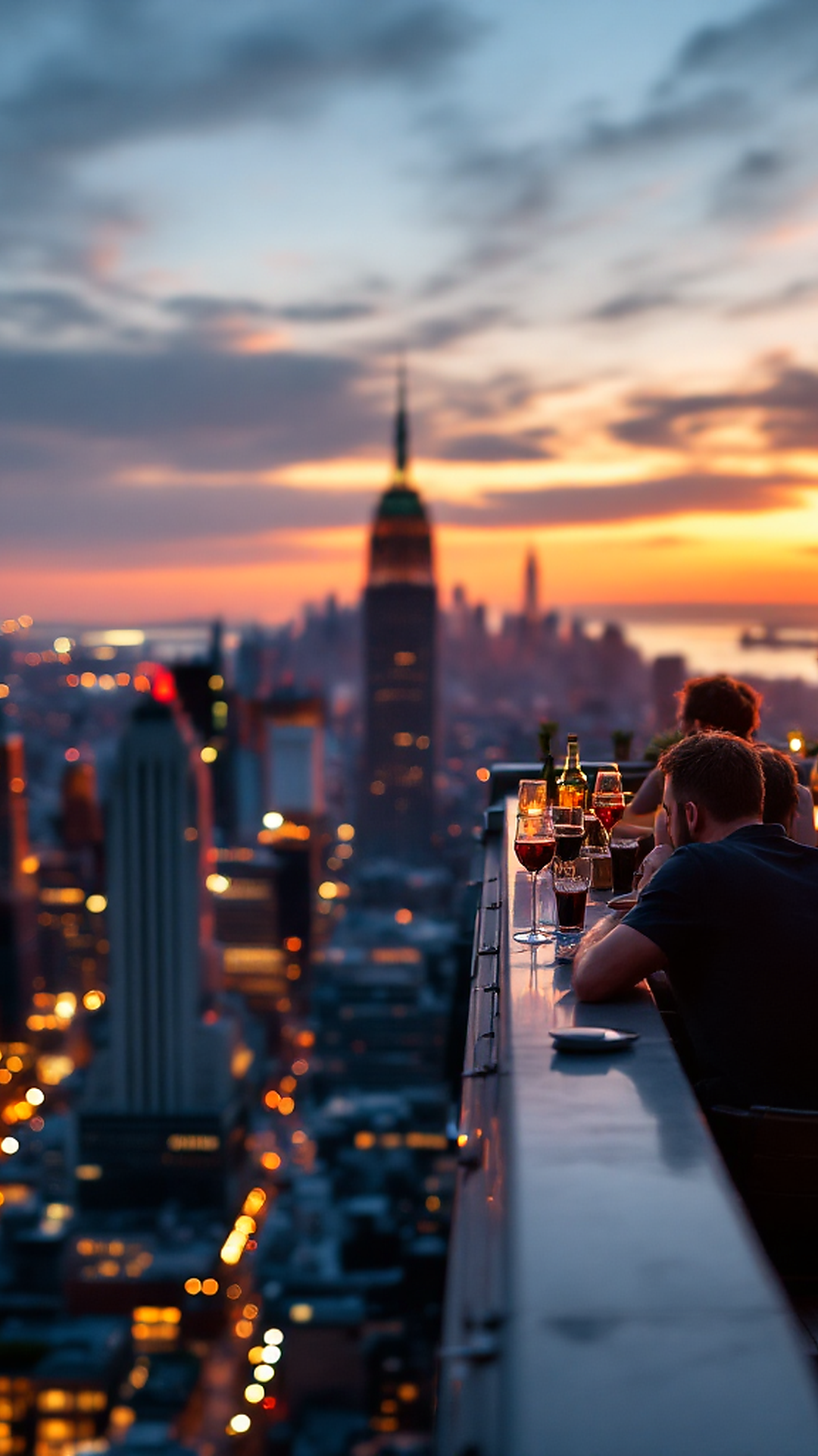 Manhattan rooftop bar at magic hour, warm amber light washin…