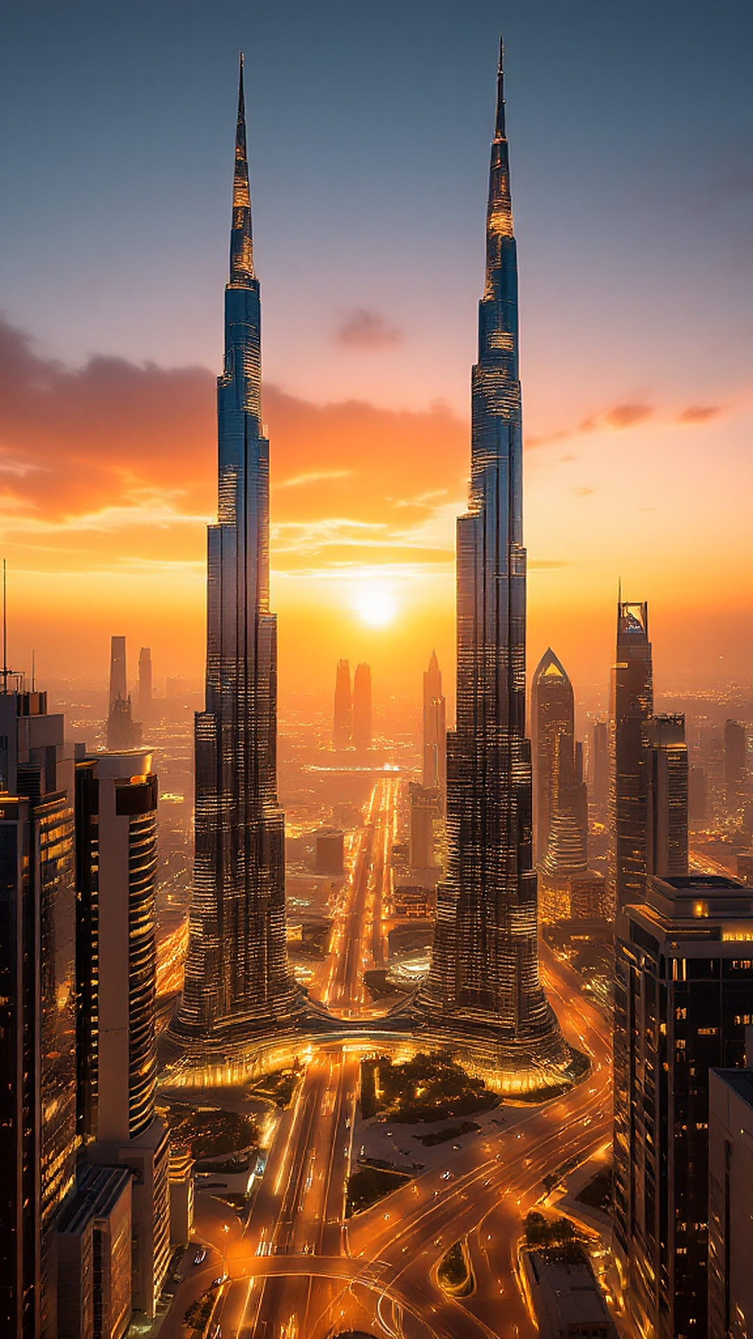 Dubai skyline at dusk, glass towers ablaze with last amber r…